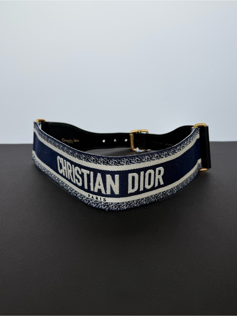 New! Dior Navy and White Signature Logo Canvas/Leather Belt